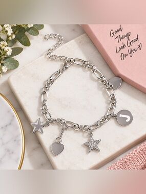 Silver Star & Heart Initial Charm Bracelet - NEW